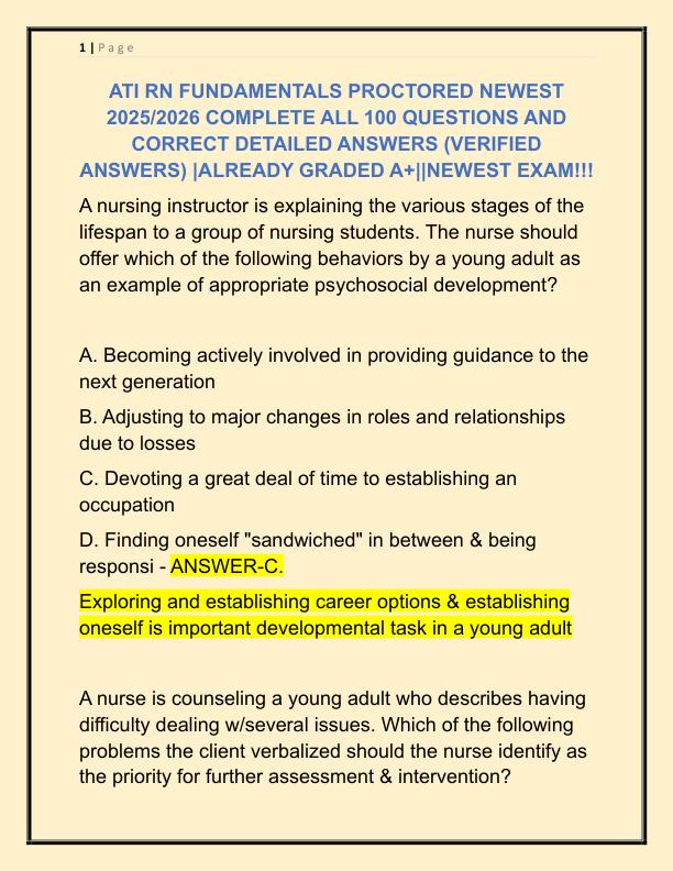 ATI RN FUNDAMENTALS PROCTORED NEWEST 2025 COMPLETE ALL 100 QUESTIONS AND CORRECT DETAILED ANSWERS