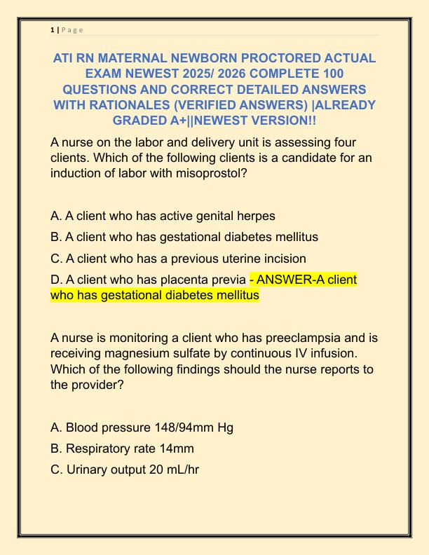 ATI RN MATERNAL NEWBORN PROCTORED ACTUAL EXAM NEWEST 2024 COMPLETE 100 QUESTIONS AND CORRECT DETAILED ANSWERS WITH RATIONALES