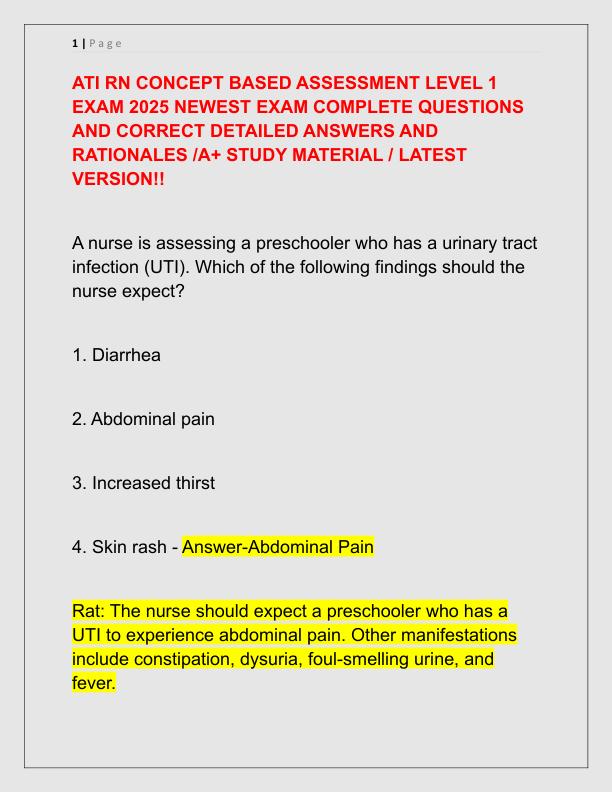 ATI RN CONCEPT BASED ASSESSMENT LEVEL 1 EXAM 2025 NEWEST EXAM COMPLETE QUESTIONS AND CORRECT DETAILED ANSWERS AND RATIONALES