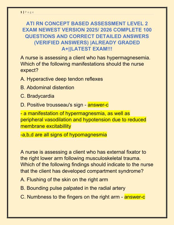 ATI RN CONCEPT BASED ASSESSMENT LEVEL 2 EXAM NEWEST VERSION 2025 COMPLETE 100 QUESTIONS AND CORRECT DETAILED ANSWERS