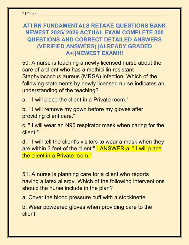 ATI RN FUNDAMENTALS RETAKE QUESTIONS BANK NEWEST 2025 ACTUAL EXAM COMPLETE 300 QUESTIONS AND CORRECT DETAILED ANSWERS