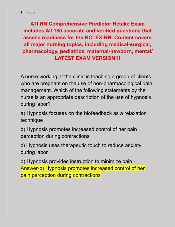 ATI RN Comprehensive Predictor Retake Exam includes All 180 accurate and verified questions that assess readiness for the NCLEX