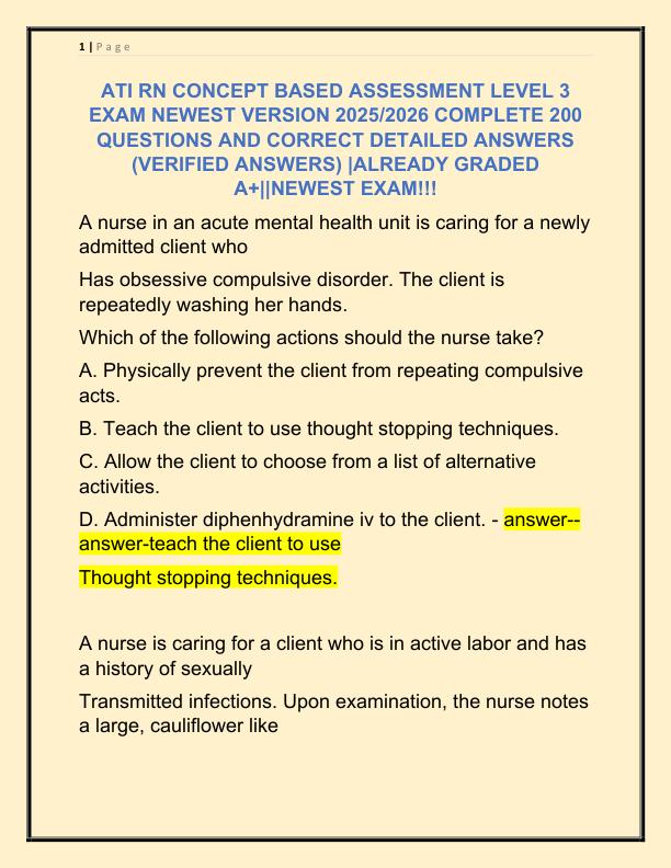 ATI RN CONCEPT BASED ASSESSMENT LEVEL 3 EXAM NEWEST VERSION 2025 COMPLETE 200 QUESTIONS AND CORRECT DETAILED ANSWERS