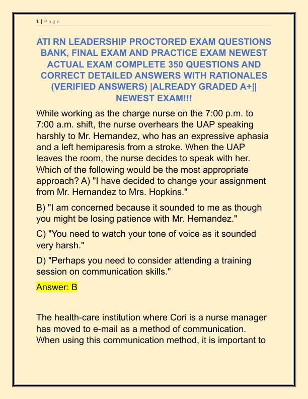 ATI RN LEADERSHIP PROCTORED EXAM QUESTIONS BANK