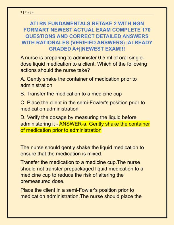 ATI RN FUNDAMENTALS RETAKE 2 WITH NGN FORMART NEWEST ACTUAL EXAM COMPLETE 170 QUESTIONS AND CORRECT DETAILED ANSWERS WITH RATIONALES