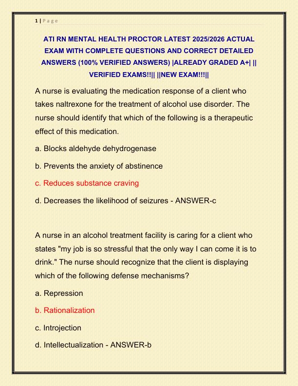 ATI RN MENTAL HEALTH PROCTOR LATEST 2025 ACTUAL EXAM WITH COMPLETE QUESTIONS AND CORRECT DETAILED ANSWERS
