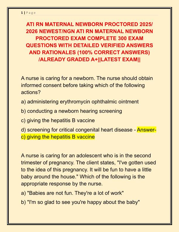 ATI RN MATERNAL NEWBORN PROCTORED 2025