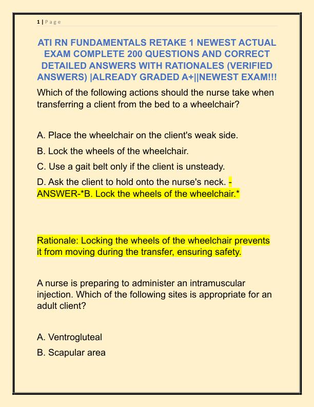 ATI RN FUNDAMENTALS RETAKE 1 NEWEST ACTUAL EXAM COMPLETE 200 QUESTIONS AND CORRECT DETAILED ANSWERS WITH RATIONALES