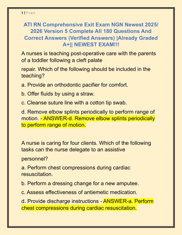 ATI RN Comprehensive Exit Exam NGN Newest 2025 Version 5 Complete All 180 Questions And