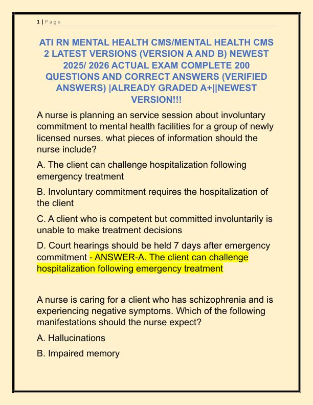 ATI RN MENTAL HEALTH CMS