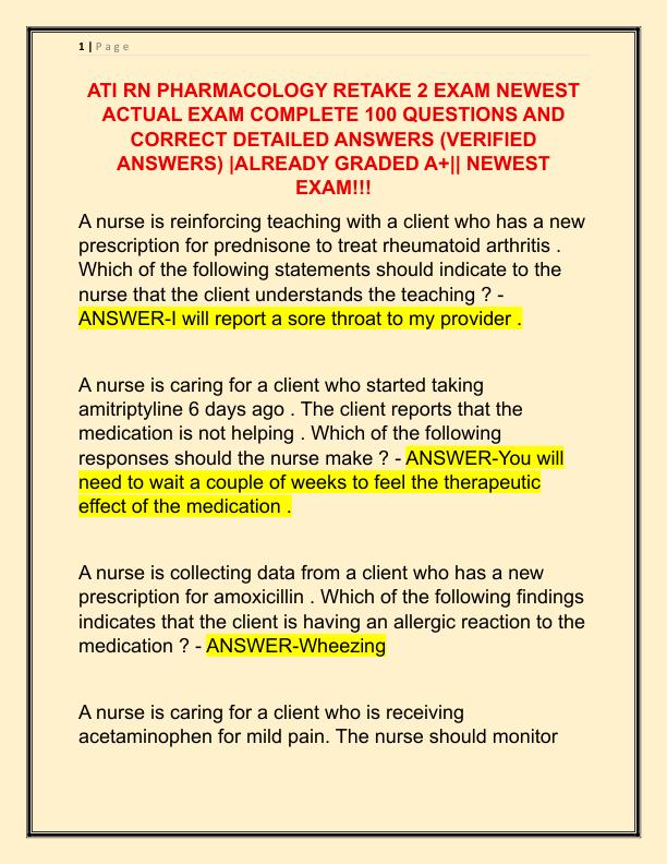 ATI RN PHARMACOLOGY RETAKE 2 EXAM NEWEST ACTUAL EXAM COMPLETE 100 QUESTIONS AND CORRECT DETAILED ANSWERS