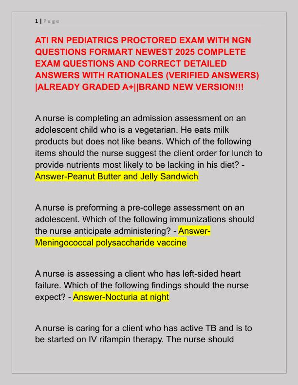 ATI RN PEDIATRICS PROCTORED EXAM WITH NGN QUESTIONS FORMART NEWEST 2025 COMPLETE EXAM QUESTIONS AND CORRECT DETAILED ANSWERS WITH RATIONALES