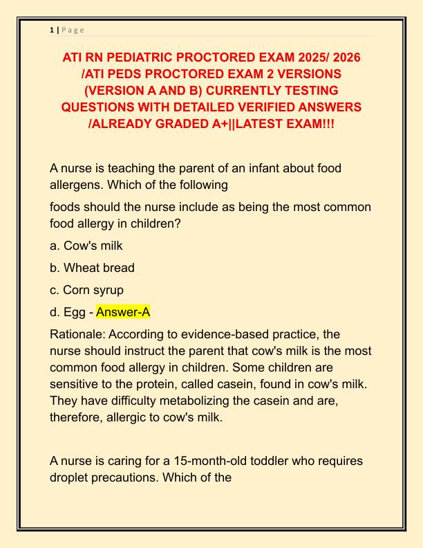 ATI RN PEDIATRIC PROCTORED EXAM 2025