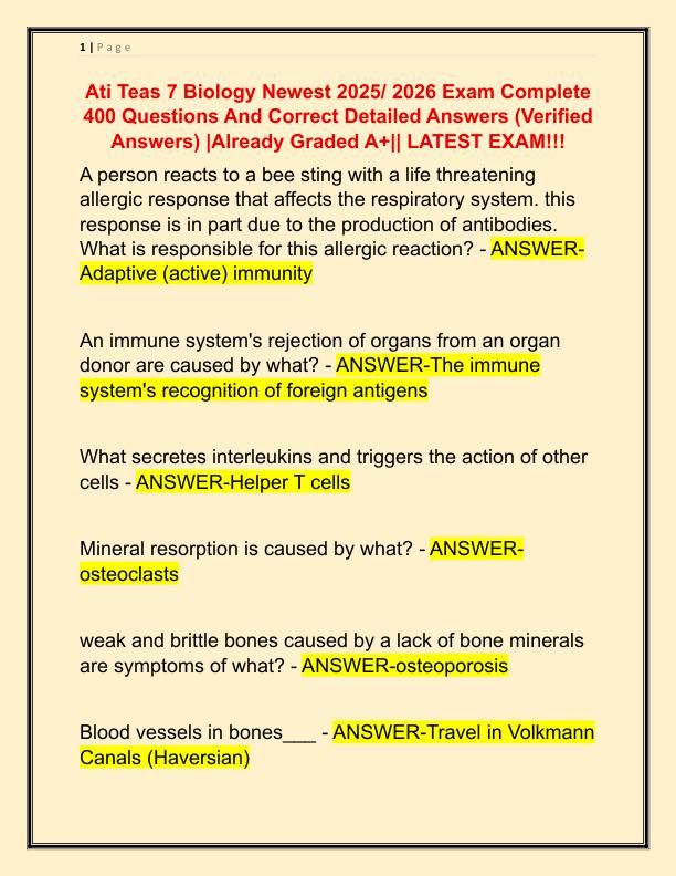 Ati Teas 7 Biology Newest 2025 Exam Complete 400 Questions And Correct Detailed Answers