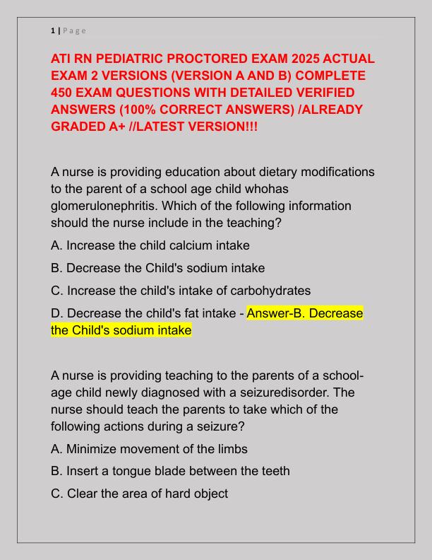 ATI RN PEDIATRIC PROCTORED EXAM 2025 ACTUAL EXAM 2 VERSIONS
