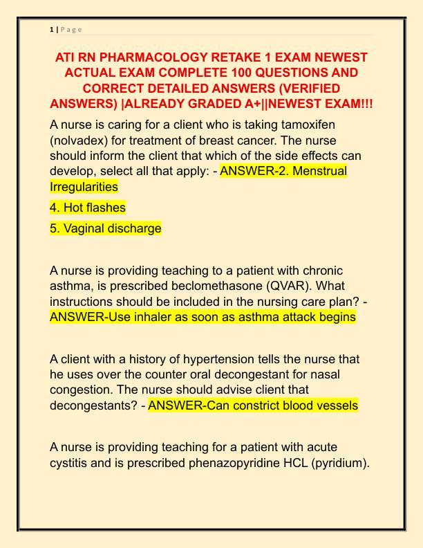 ATI RN PHARMACOLOGY RETAKE 1 EXAM NEWEST ACTUAL EXAM COMPLETE 100 QUESTIONS AND CORRECT DETAILED ANSWERS