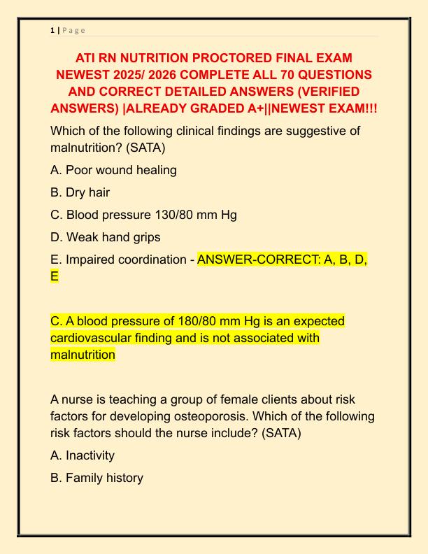 ATI RN NUTRITION PROCTORED FINAL EXAM NEWEST 2025 COMPLETE ALL 70 QUESTIONS AND CORRECT DETAILED ANSWERS