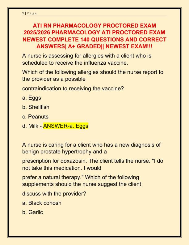 ATI RN PHARMACOLOGY PROCTORED EXAM 2025