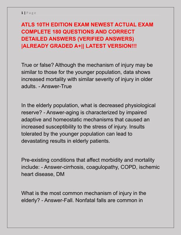 ATLS 10TH EDITION EXAM NEWEST ACTUAL EXAM COMPLETE 180 QUESTIONS AND CORRECT DETAILED ANSWERS