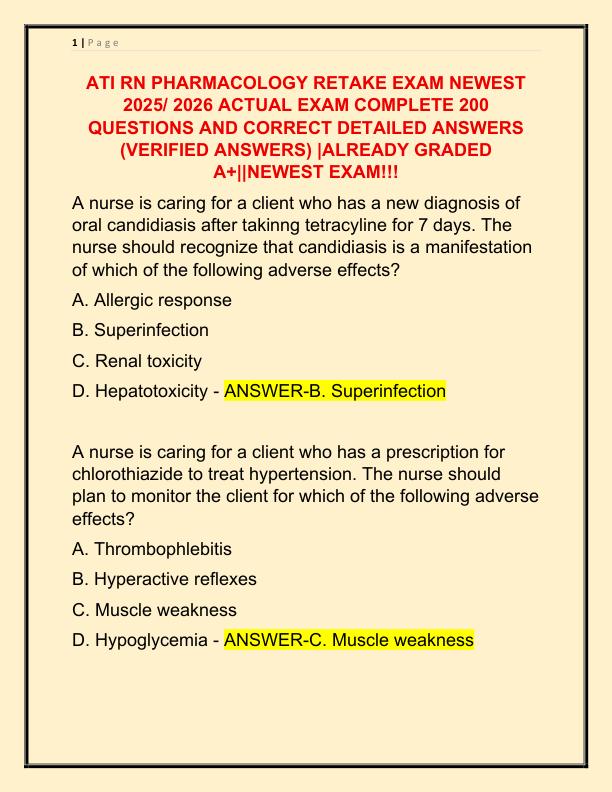ATI RN PHARMACOLOGY RETAKE EXAM NEWEST 2025 ACTUAL EXAM COMPLETE 200 QUESTIONS AND CORRECT DETAILED ANSWERS