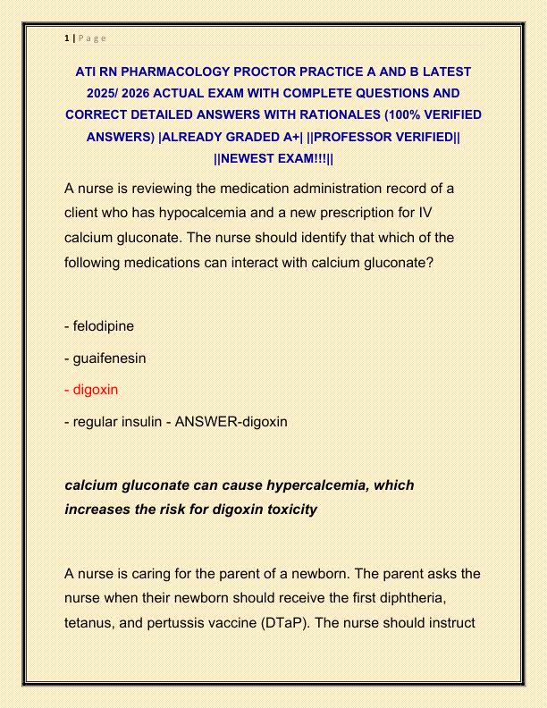 ATI RN PHARMACOLOGY PROCTOR PRACTICE A AND B LATEST 2025 ACTUAL EXAM WITH COMPLETE QUESTIONS AND CORRECT DETAILED ANSWERS