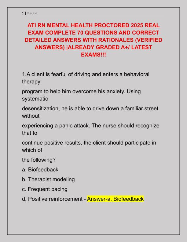 ATI RN MENTAL HEALTH PROCTORED 2025 REAL EXAM COMPLETE 70 QUESTIONS AND CORRECT DETAILED ANSWERS WITH RATIONALES