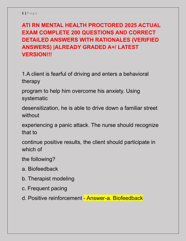 ATI RN MENTAL HEALTH PROCTORED 2025 ACTUAL EXAM COMPLETE 200 QUESTIONS AND CORRECT DETAILED ANSWERS WITH RATIONALES
