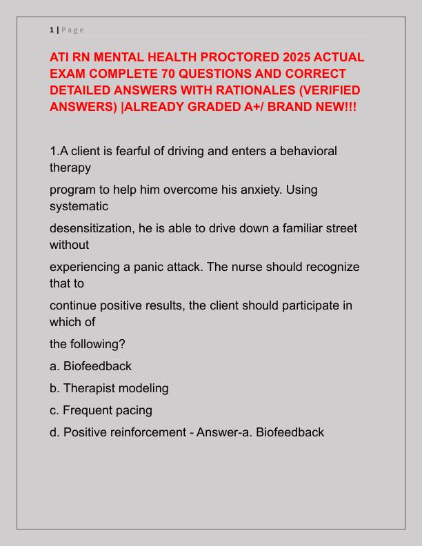 ATI RN MENTAL HEALTH PROCTORED 2025 ACTUAL EXAM COMPLETE 70 QUESTIONS AND CORRECT DETAILED ANSWERS WITH RATIONALES