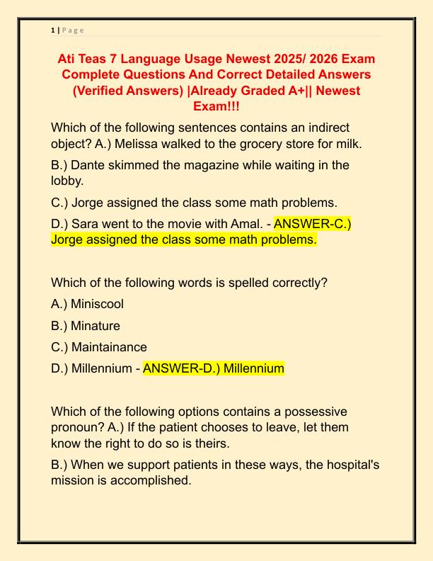 Ati Teas 7 Language Usage Newest 2025 Exam Complete Questions And Correct Detailed Answers