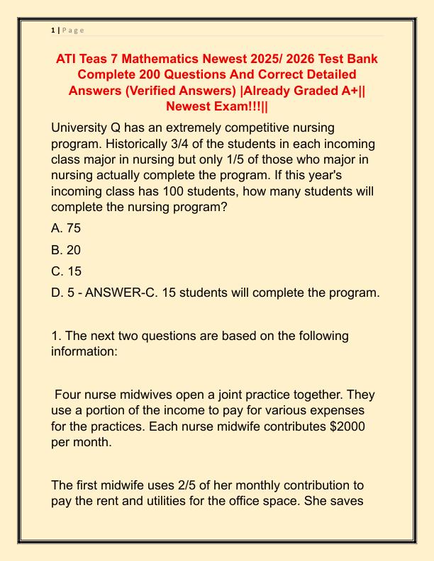 ATI Teas 7 Mathematics Newest 2025 Test Bank Complete 200 Questions And Correct Detailed Answers
