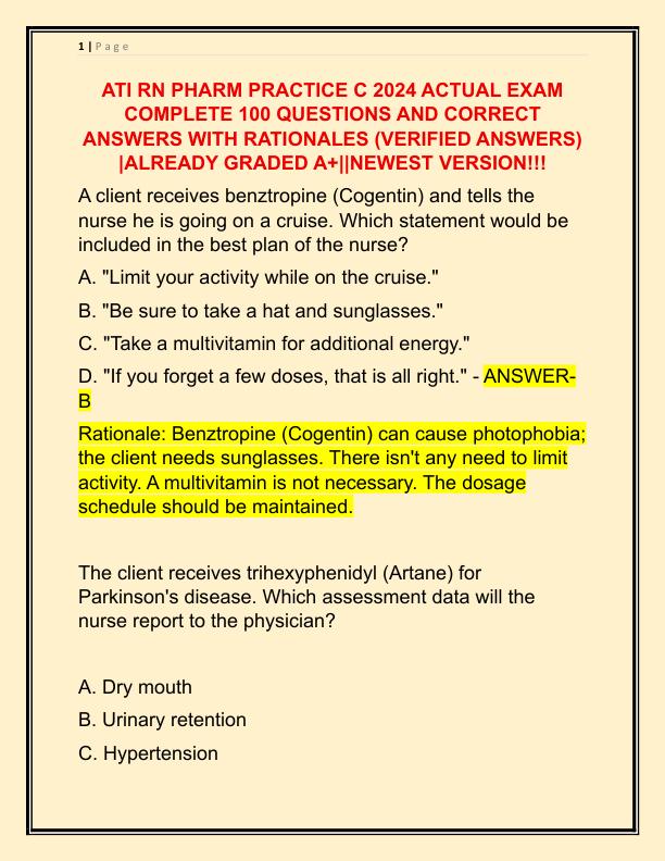 ATI RN PHARM PRACTICE C 2024 ACTUAL EXAM COMPLETE 100 QUESTIONS AND CORRECT ANSWERS WITH RATIONALES