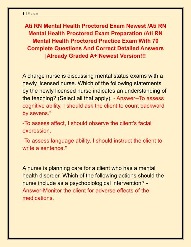 Ati RN Mental Health Proctored Exam Newest
