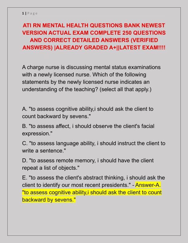 ATI RN MENTAL HEALTH QUESTIONS BANK NEWEST VERSION ACTUAL EXAM COMPLETE 250 QUESTIONS AND CORRECT DETAILED ANSWERS