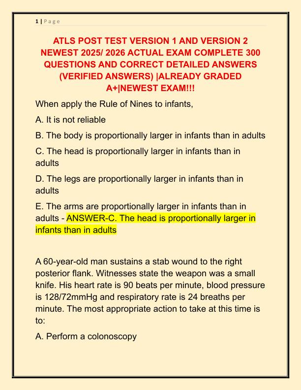 ATLS POST TEST VERSION 1 AND VERSION 2 NEWEST 2025 ACTUAL EXAM COMPLETE 300 QUESTIONS AND CORRECT DETAILED ANSWERS