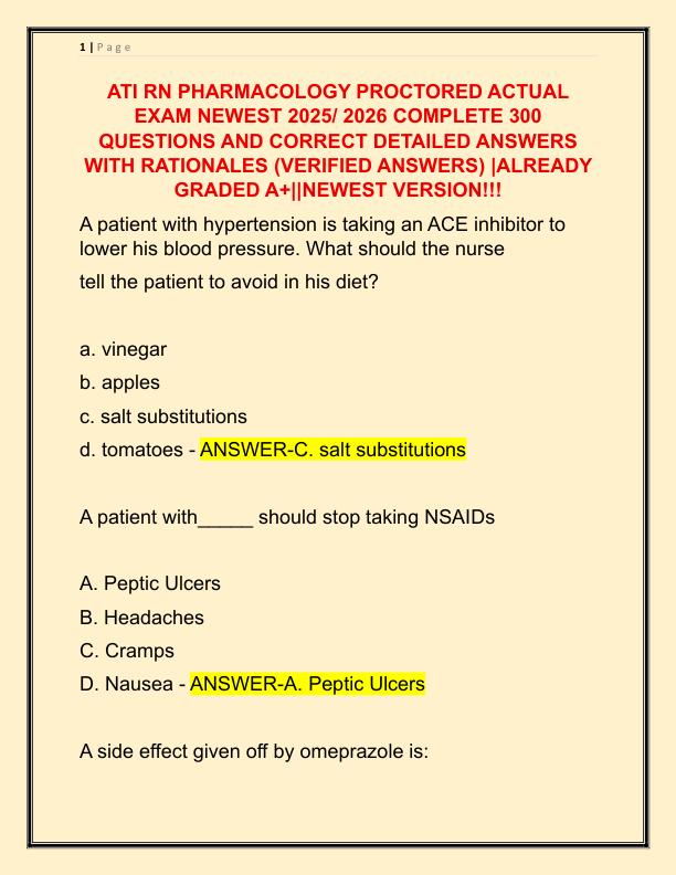 ATI RN PHARMACOLOGY PROCTORED ACTUAL EXAM NEWEST 2024 COMPLETE 300 QUESTIONS AND CORRECT DETAILED ANSWERS WITH RATIONALES
