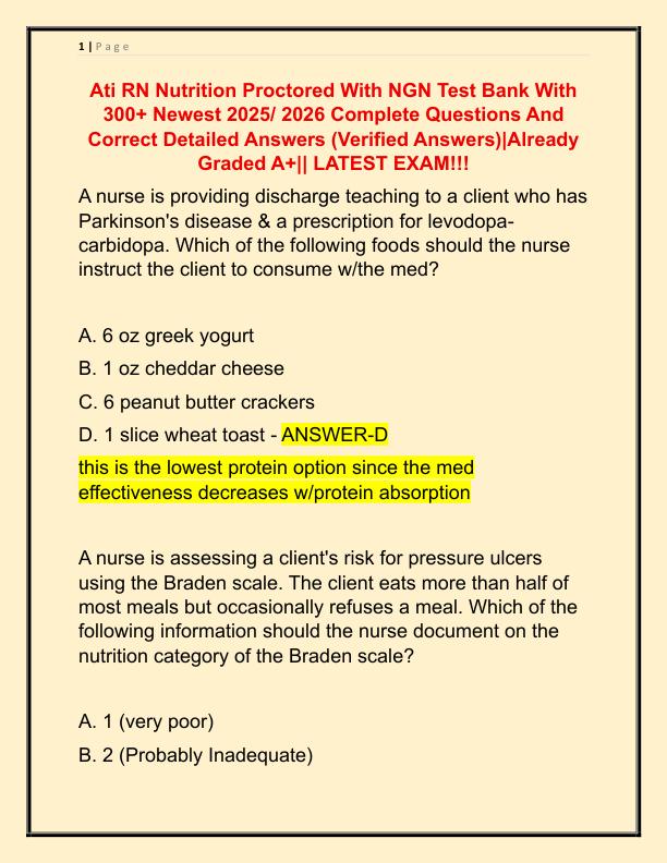 Ati RN Nutrition Proctored With NGN Test Bank With 300