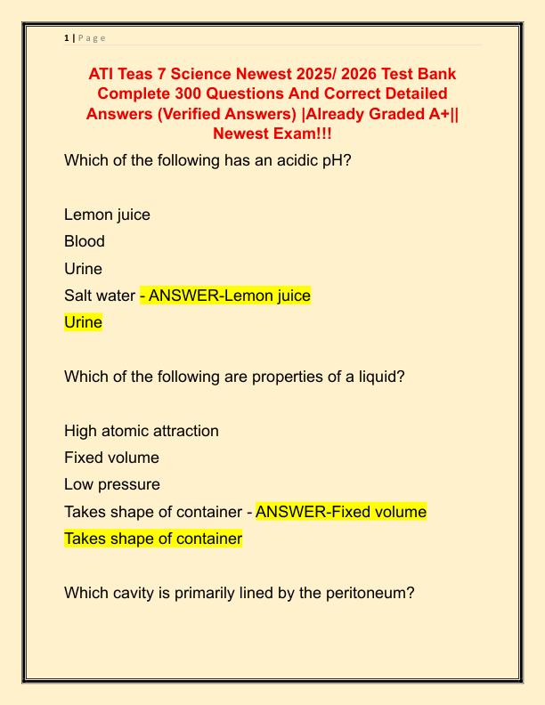 ATI Teas 7 Science Newest 2025 Test Bank Complete 300 Questions And Correct Detailed Answers
