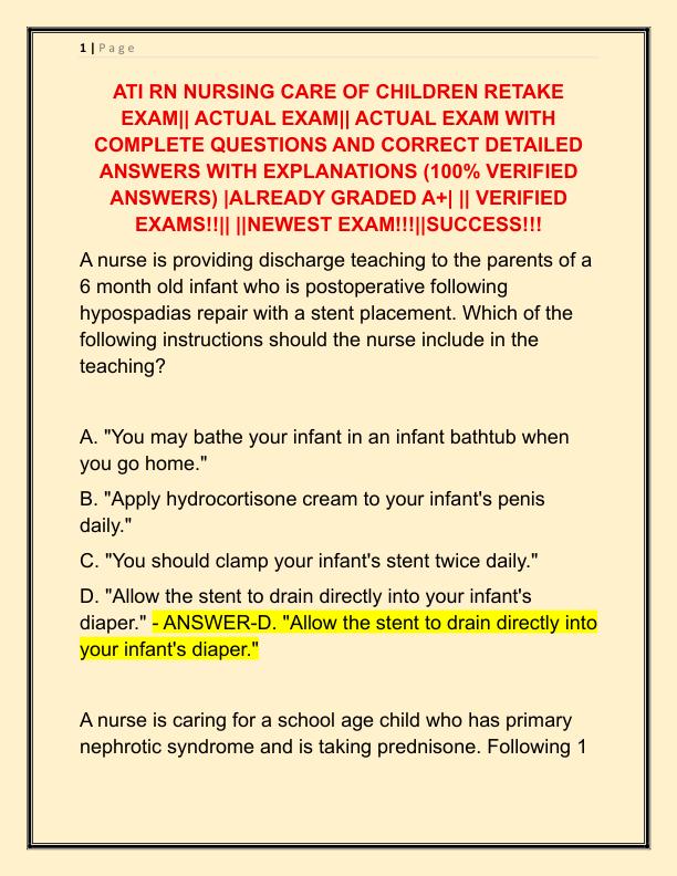 ATI RN NURSING CARE OF CHILDREN RETAKE EXAM