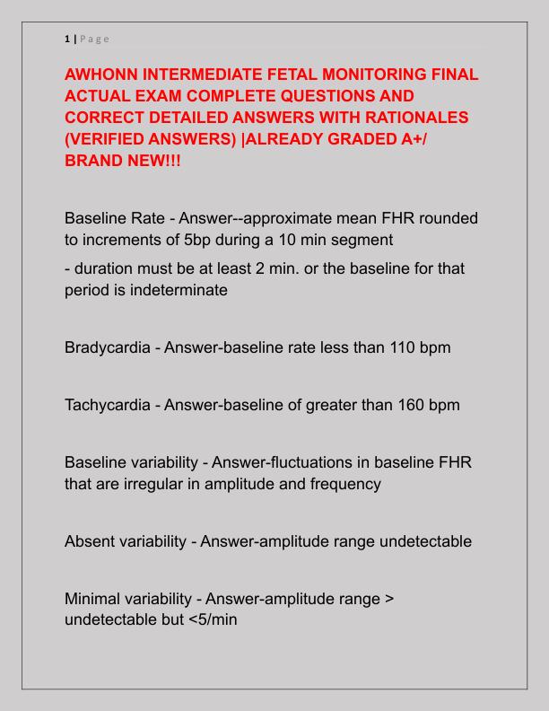 AWHONN INTERMEDIATE FETAL MONITORING FINAL ACTUAL EXAM COMPLETE QUESTIONS AND CORRECT DETAILED ANSWERS WITH RATIONALES