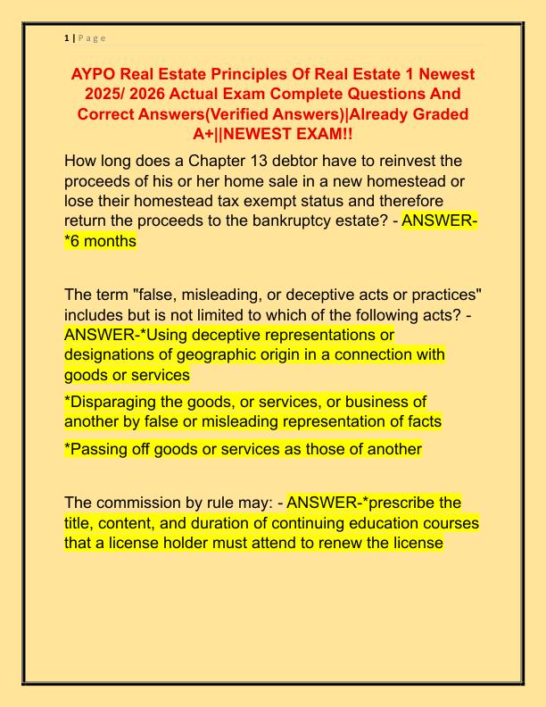AYPO Real Estate Principles Of Real Estate 1 Newest 2025 Actual Exam Complete Questions And Correct Answers