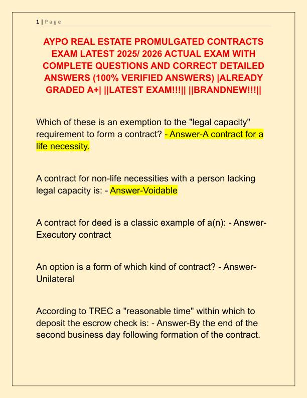 AYPO REAL ESTATE PROMULGATED CONTRACTS EXAM LATEST 2025