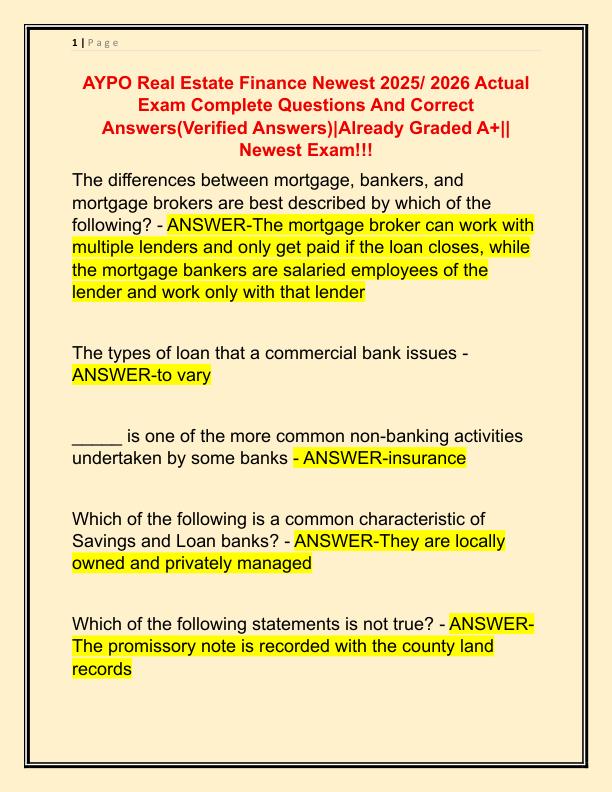 AYPO Real Estate Finance Newest 2025 Actual Exam Complete Questions And Correct Answers
