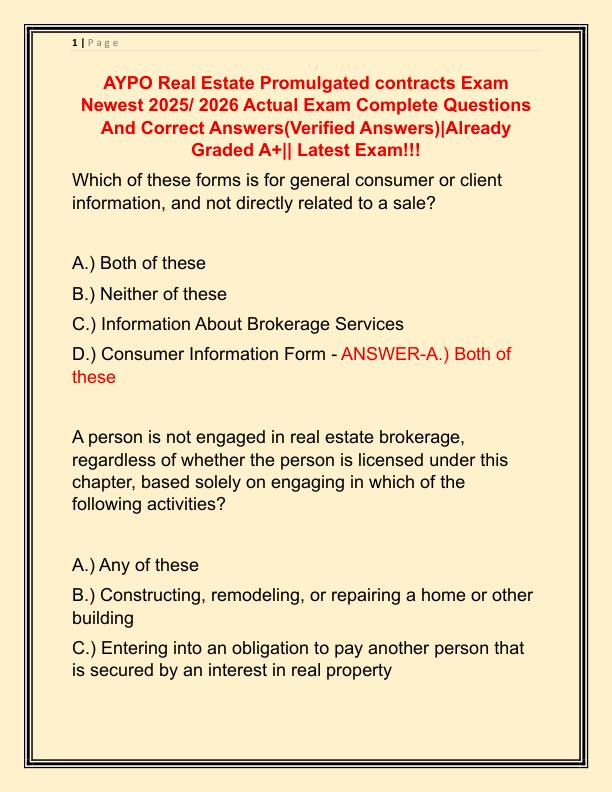 AYPO Real Estate Promulgated contracts Exam Newest 2025 Actual Exam Complete Questions And Correct Answers