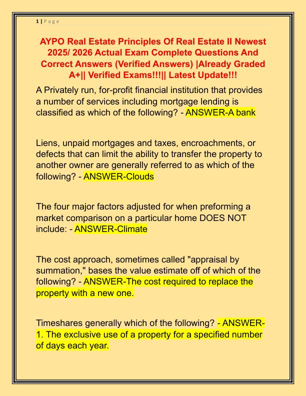 AYPO Real Estate Principles Of Real Estate II Newest 2025 Actual Exam Complete Questions And Correct Answers