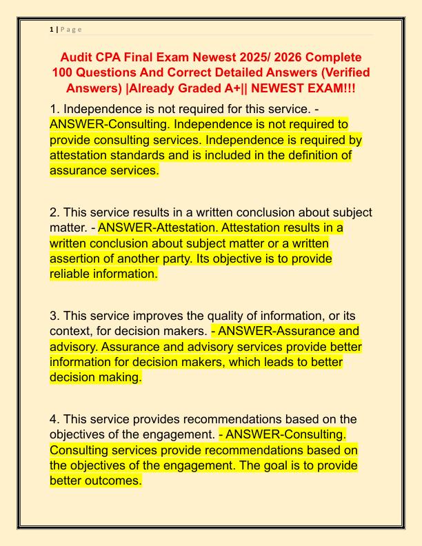 Audit CPA Final Exam Newest 2025 Complete 100 Questions And Correct Detailed Answers