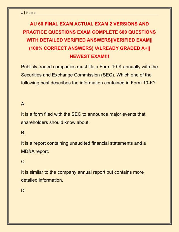 AU 60 FINAL EXAM ACTUAL EXAM 2 VERSIONS AND PRACTICE QUESTIONS EXAM COMPLETE 600 QUESTIONS WITH DETAILED VERIFIED ANSWERS