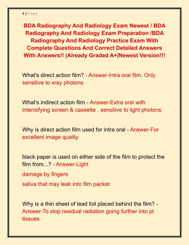 BDA Radiography And Radiology Exam Newest