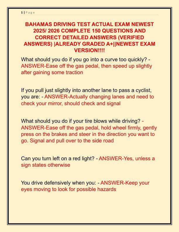 BAHAMAS DRIVING TEST ACTUAL EXAM NEWEST 2024 COMPLETE 150 QUESTIONS AND CORRECT DETAILED ANSWERS