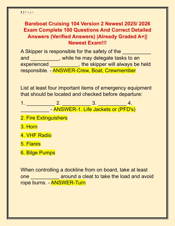 Bareboat Cruising 104 Version 2 Newest 2025 Exam Complete 100 Questions And Correct Detailed Answers