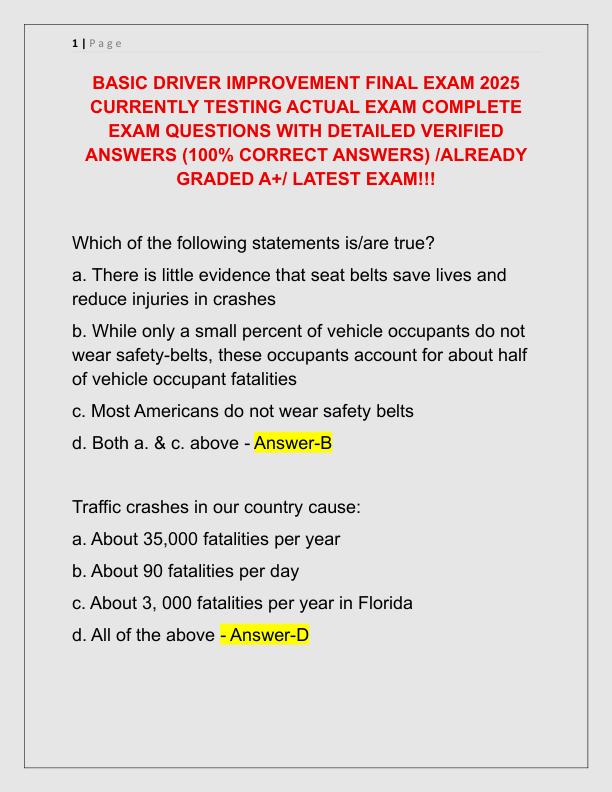 BASIC DRIVER IMPROVEMENT FINAL EXAM 2025 CURRENTLY TESTING ACTUAL EXAM COMPLETE EXAM QUESTIONS WITH DETAILED VERIFIED ANSWERS